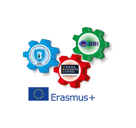 Projektlogo SKiwo: blaues Zahnrad (Zentrum für Blinde u. Sehbehinderte Krakau), rotes Zahnrad (Vienna Business School Schönborngasse), grünes Zahnrad (BBI), Logo EU, Erasmus+