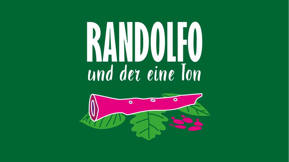 Randolfo und der eine Ton - Banner, Grüne Waldstimmung mit einer roten Flöte, die auf unterschiedlichen Baum-Blättern neben einem Bären-Pfotenabdruck liegt. 