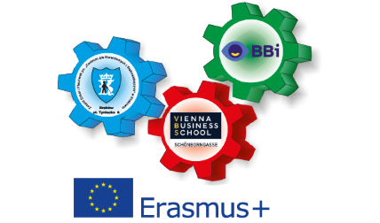 Projektlogo SKiwo: blaues Zahnrad (Zentrum für Blinde u. Sehbehinderte Krakau), rotes Zahnrad (Vienna Business School Schönborngasse), grünes Zahnrad (BBI), Logo EU, Erasmus+